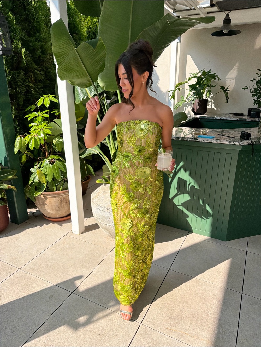 Rachel Gilbert Lime Green Strapless Sequin Floral Gown